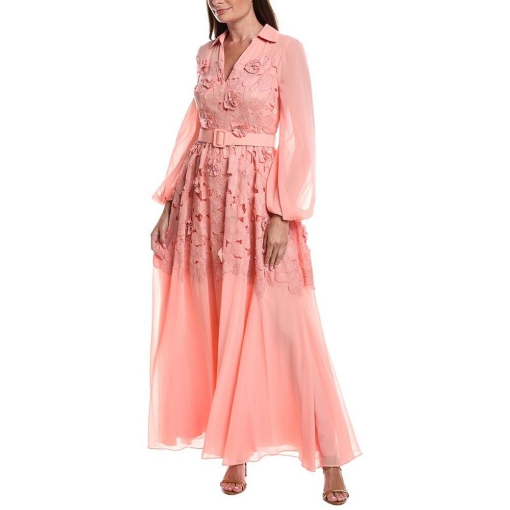 Badgley Mischka Womens Floral Lace Shirt Gown, Red